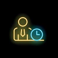 Neon businessman working overtime icon with clock and desk job vector