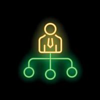 Neon businessman leading network structure icon glowing on black background vector