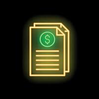 Neon icon of financial documents with dollar sign representing business and finance vector