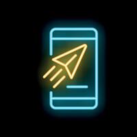 Neon sign of a smartphone sending a paper plane message vector