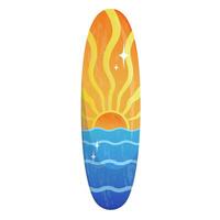 Funboard surfboard with retro sunset or sunrise patterns on the sea. summer vibes and water sports enthusiasts. vector
