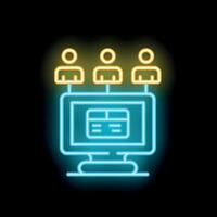 Neon icon of three people connected to a computer representing online meeting vector