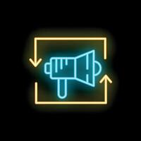 Neon megaphone inside square with up and down arrows sign on black background vector