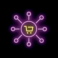 Neon shopping cart icon connecting network points representing omnichannel commerce vector