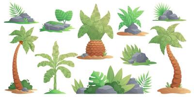 Lush and vibrant tropical scene with cartoon-style palm trees, plants, rocks, and bushes growing in sand and grass patches vector