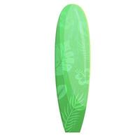 Green Malibu Surfboard or Funboard with monstera and palm leaf patterns and Hawaiian colors. vector