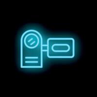 Neon camera shining on black background vector