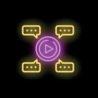 Neon icon of marketing showing play button surrounded by speech bubbles vector