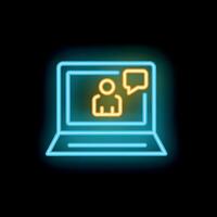 Neon laptop showing online meeting with speech bubble vector