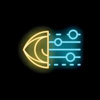 Neon icon of eye analyzing data through neural network vector