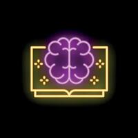 Neon sign representing brain working and learning by reading books vector