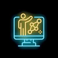 Online education neon sign with teacher explaining molecular structure vector
