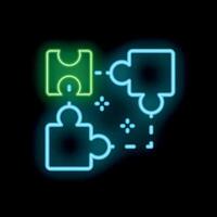 Neon puzzle pieces connecting on black background representing problem solving vector