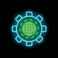 Glowing neon sign showing a globe surrounded by a cogwheel on a black background vector