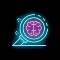 Magnifying glass exploring human brain with neon light effect vector