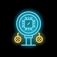 Neon cpu chip icon glowing in circle frame with mouse buttons below vector