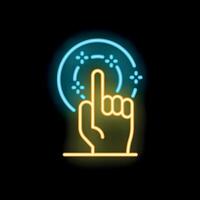 Hand touching futuristic digital interface neon icon on black background vector