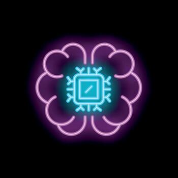 Neon icon of human brain containing cpu showing artificial intelligence vector
