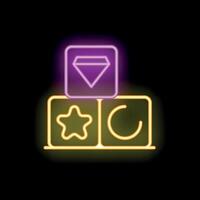 Neon sign of three stacked toy blocks on black background vector
