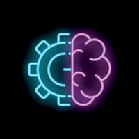 Neon icon of brain and gear symbolizing thinking process vector