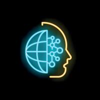 Neon icon of human head with brain made of world map and neural network representing global connectivity vector
