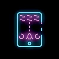 Neon sign of mobile phone showing a game being played in purple and blue vector