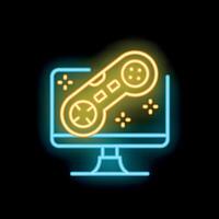 Neon game controller appearing from computer screen vector