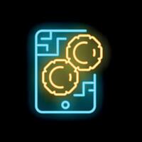 Neon icon of smartphone displaying working gears for mobile app development vector