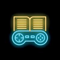 Neon icon of open book over gamepad representing educational games vector