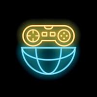 Neon icon of game controller over planet earth for online gaming vector