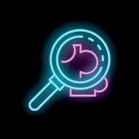 Neon magnifying glass examining stomach problem, digestive system health checkup vector