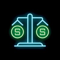 Neon equal balance scale with coins on black background weighing money symbol design vector