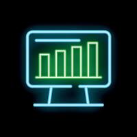 Neon computer monitor displaying growing bar graph on black background vector