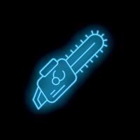 Glowing neon chainsaw icon on dark background representing lumberjack tool vector