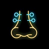 Neon icon of nose with piercings on black background vector