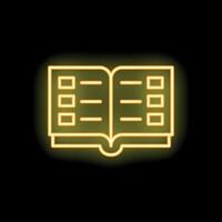 Neon open book icon glowing on dark background vector