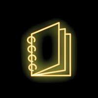 Yellow neon sign of open notebook on black background vector