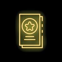 Neon icon of documents with star sign on black background vector