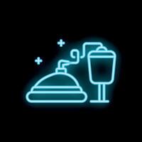 Neon sign of a reception bell and trash bin on black background vector