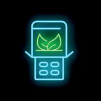 Neon sign of smartphone showing green app with two leaves growing from it vector