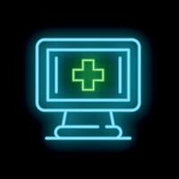 Neon icon of computer monitor displaying green medical cross symbol vector