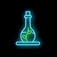Glowing neon line bottle with sprout on stand icon isolated on black background. illustration vector