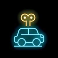 Neon icon of toy car winding up with key on black background vector