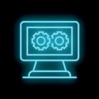 Neon icon of computer displaying two gears working together vector