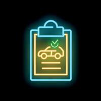 Neon icon of clipboard showing car checkup with check mark symbol vector