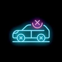 Neon style icon showing a car with a crossed out smiley above it on black background vector