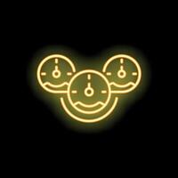Neon icon of three speedometers glowing yellow on black background vector