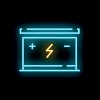 Glowing neon icon of car battery showing positive and negative terminals on black background vector