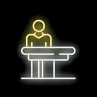 Neon sign of person standing behind counter or podium vector