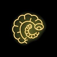 Bright yellow neon sign of a nautilus shell on black background vector